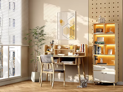 Bright Wooden Desk With Sunlight Potted Plant Shelf And Decorative Artwork 3d model