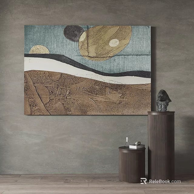 Abstract Wall Painting With Circular Elements Wavy Lines And Textured Design Featuring Decorative Statue 3d model
