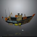 Colorful Small Water Transport Boat with Blue Hull Antenna Cargo Boxes and Decorative Details