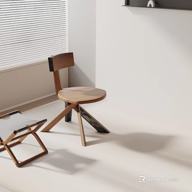 Round Wooden Desk with Wooden Chair Folding Chair by Window with Blinds and White Walls 3d model 