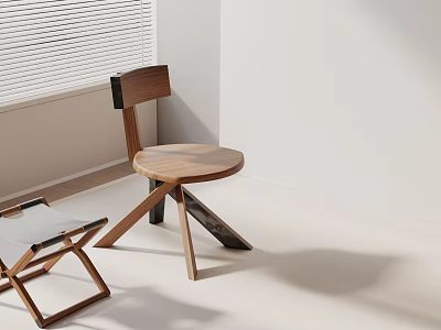 Round Wooden Desk with Wooden Chair Folding Chair by Window with Blinds and White Walls 3d model