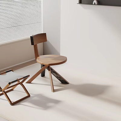 Round Wooden Desk with Wooden Chair Folding Chair by Window with Blinds and White Walls 3d model