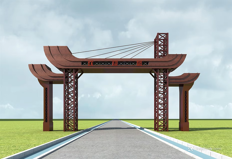Traditional Chinese Entrance Gate With Wooden Structure And Ornate Archway Design 3d model 
