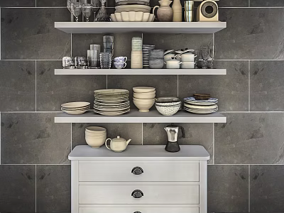 White Sideboard With Shelves Holding Bowls Plates Glasses Teapot Coffee Maker Against Gray Tiled Wall 3d model