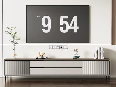 Modern TV Stand Interior Design With TV Green Plant Decorative Items And Books 3d model