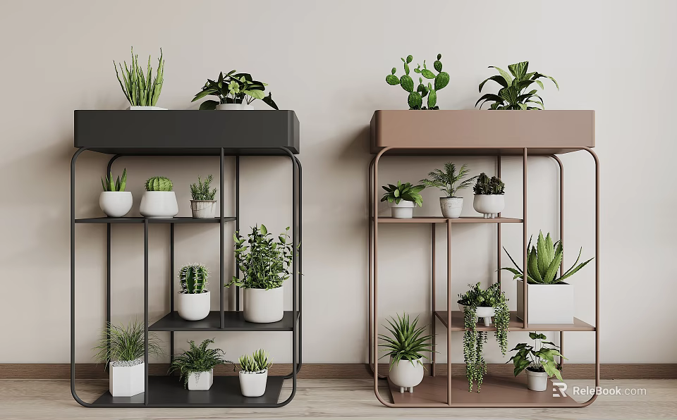 Garden Decor Multi Tiered Black And Brown Plant Stands With Potted Green Plants Indoor 3d model 