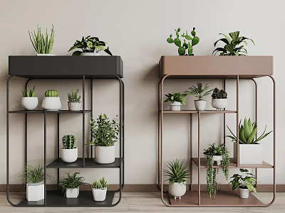 Garden Decor Multi Tiered Black And Brown Plant Stands With Potted Green Plants Indoor 3d model