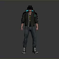 A Man Wearing Black Jacket With Blue Glowing Accents Jeans Sneakers And Futuristic Headgear