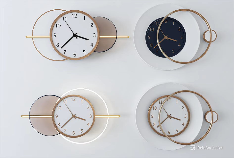 Modern Circular Wall Clocks With Gold Metal Frame White Dark Blue Dials For Home Decor 3d model 