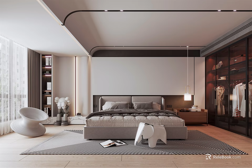 Modern Bedroom Interior With Large Bed Headboard White Accent Chair Glass Wardrobe And Area Rug 3d model 