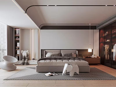 Modern Bedroom Interior With Large Bed Headboard White Accent Chair Glass Wardrobe And Area Rug 3d model
