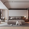 Modern Bedroom Interior With Large Bed Headboard White Accent Chair Glass Wardrobe And Area Rug