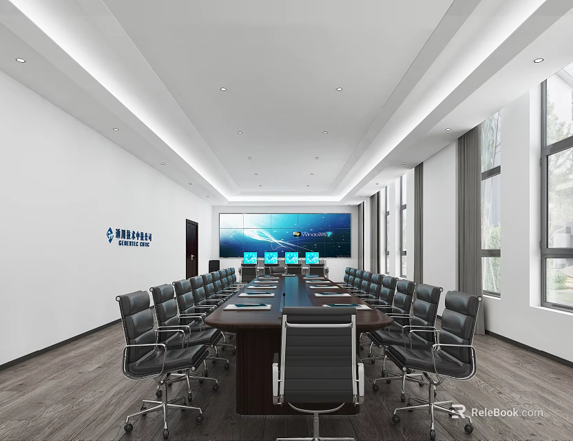 Modern Conference Room Interior With Long Meeting Table Black Office Chairs Large Screen And Windows 3d model 