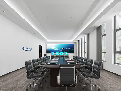 Modern Conference Room Interior With Long Meeting Table Black Office Chairs Large Screen And Windows 3d model