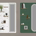 White and Green Wall Decor with Perforated Boards Mirror Shelves and Decorative Items
