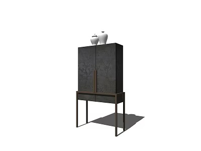 Dark Decorative Cabinet With Double Doors And Two White Vases On Top 3d model