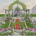 Enchanting Garden Landscape with Flower Arch Stone Columns Red Carpet Lanterns and Mountain View