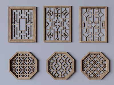 Chinese style solid wood openwork window hollow carved lattice window 3d model