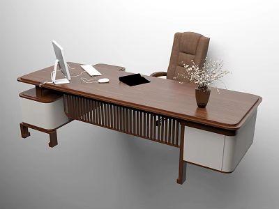 Modern Wooden Office Desk With White Monitor Computer Mouse Tablet Brown Chair And Flower Vase 3d model