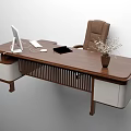Modern Wooden Office Desk With White Monitor Computer Mouse Tablet Brown Chair And Flower Vase