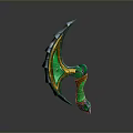 Fantasy Axe with Green and Gold Decorative Handle Sharp Serrated Blade and Ornate Details