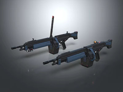 Two Blue Modern Rifles With Antennas And Scopes On Gray Background 3d model