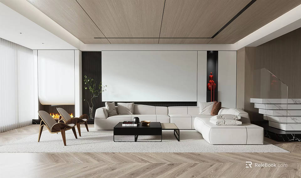 Modern Living Room Interior With White Sofa Wooden Ceiling Fireplace Coffee Table And Herringbone Flooring 3d model 