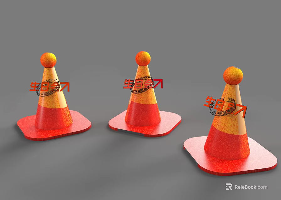 Set Of Three Orange Yellow Traffic Cones With Red Square Base On Gray Background 3d model 