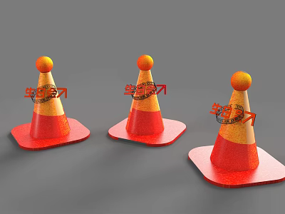 Set Of Three Orange Yellow Traffic Cones With Red Square Base On Gray Background 3d model