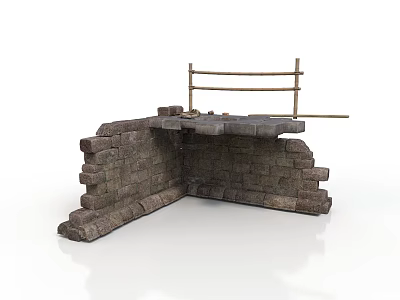 Modern Unfinished Brick Wall Structure With Wooden Railing And Platform 3d model