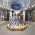 Modern Clothing Store Interior Featuring Golden Metal Frame And Blue Decor Clothing Displays