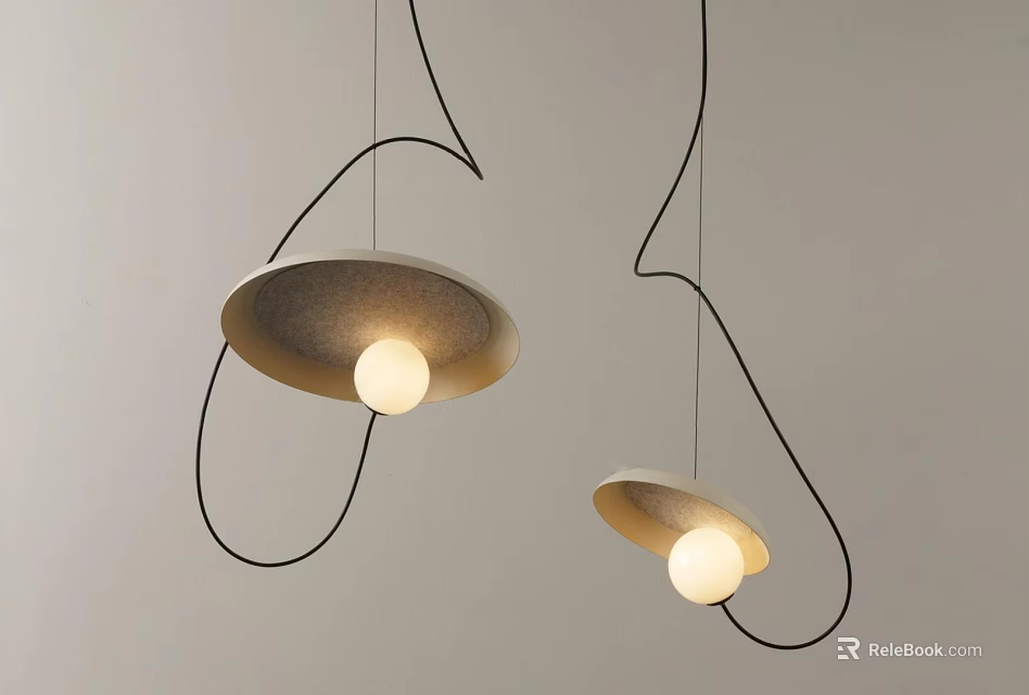 Modern Pendant Lights With Curved Black Wires Disc Shaped Shades And Round Illuminated Bulbs 3d model 