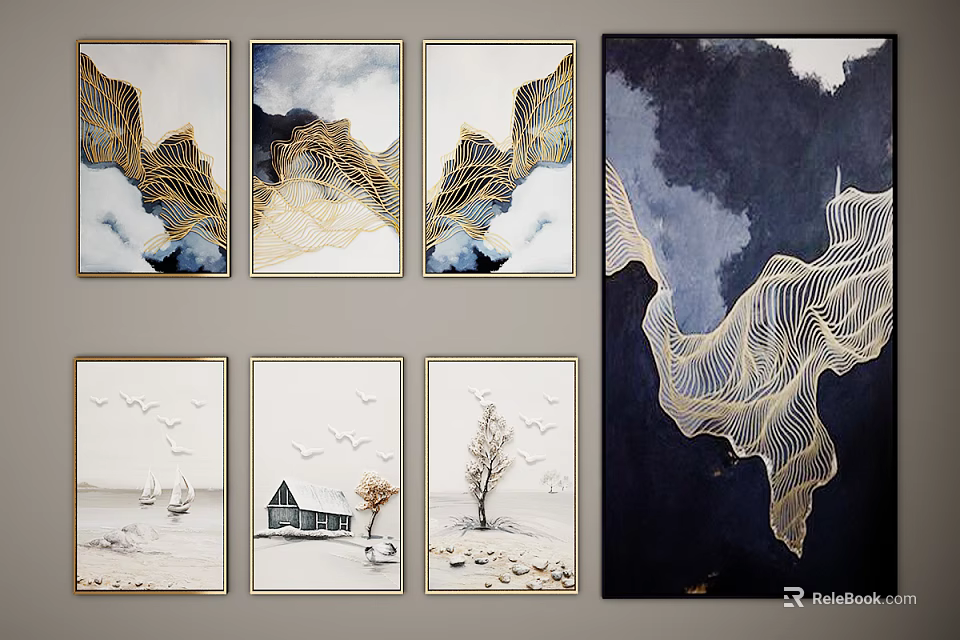 Wall Art Collection With Abstract Golden Lines And Landscape Paintings 3d model 