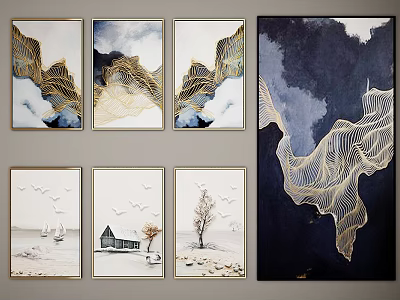 Wall Art Collection With Abstract Golden Lines And Landscape Paintings 3d model