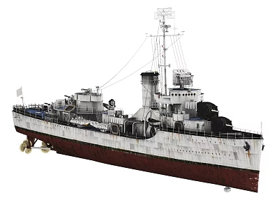 Vintage Warship With Mast Smoke Stack And White Red Hull Design 3d model