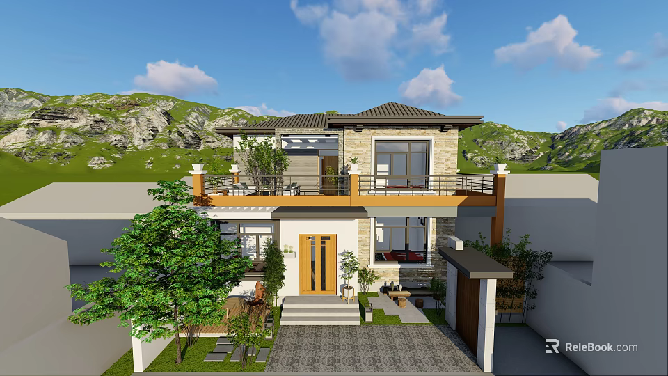 Two Story Detached Villa with Balcony Courtyard Green Plants and Mountain View 3d model 
