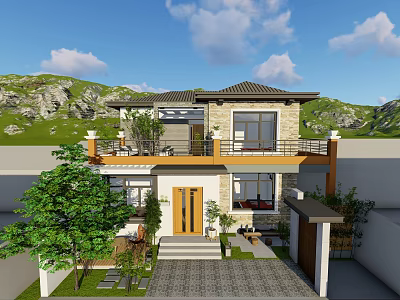 Two Story Detached Villa with Balcony Courtyard Green Plants and Mountain View 3d model