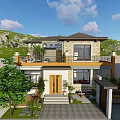 Two Story Detached Villa with Balcony Courtyard Green Plants and Mountain View