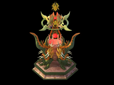 Ornate Weapon With Dragon Decorations Lotus And Red Gemstone On Hexagonal Base 3d model