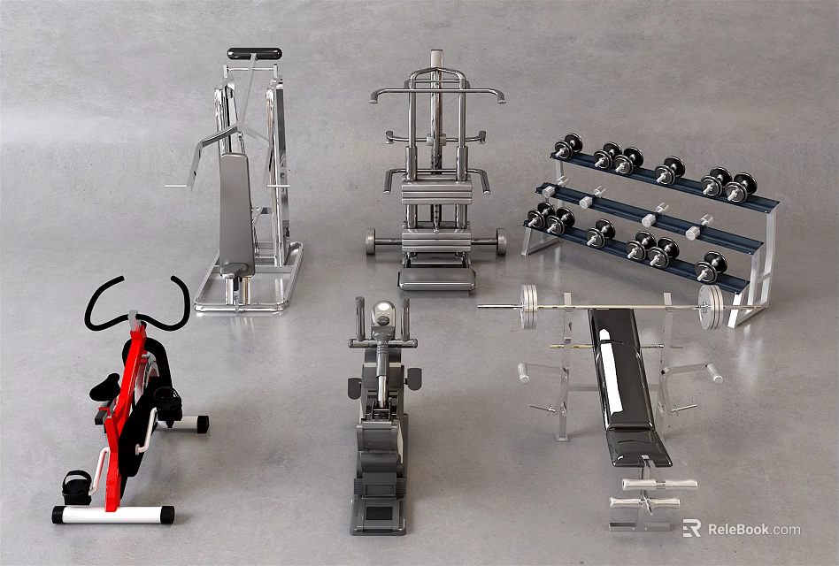 Essential Fitness Equipment for Home Gym with Exercise Bike Dumbbells Weight Bench and Strength Machines 3d model 