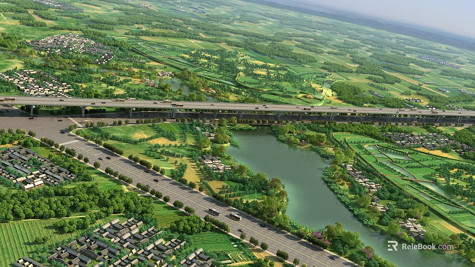 Aerial Planning of Scenic Region with Roads River Green Spaces and Bridge 3d model 