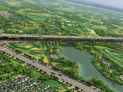 Aerial Planning of Scenic Region with Roads River Green Spaces and Bridge 3d model