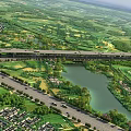 Aerial Planning of Scenic Region with Roads River Green Spaces and Bridge