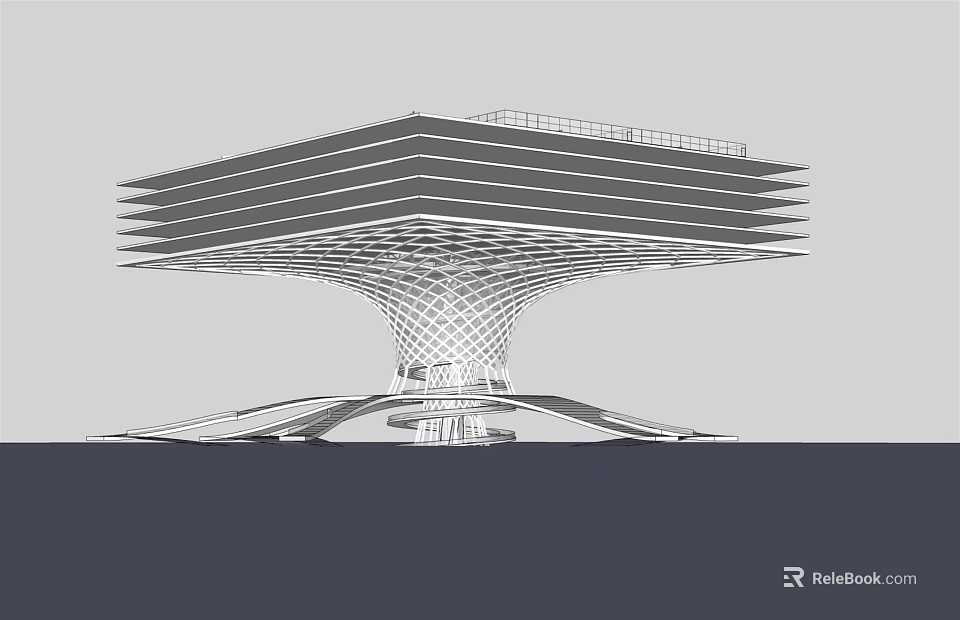 Modern Architectural Structure With Unique Cantilevered Floors And Latticed Support Base 3d model 
