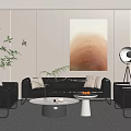 Modern Leather Sofa And Coffee Table Set With Abstract Painting Floor Lamp And Green Plant
