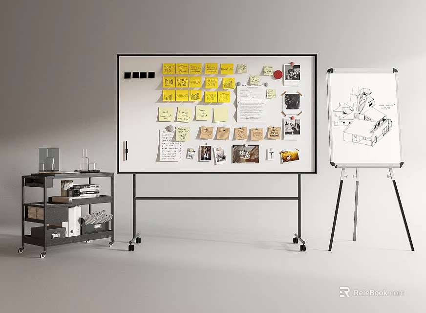 Art Supplies and Musical Instruments Setup with Whiteboard Easel Sticky Notes and Cart 3d model 