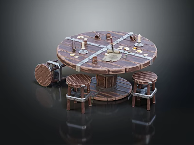 Vintage Wooden Round Table with Stools and Decorative Candles Scroll Gold Coins 3d model