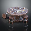 Vintage Wooden Round Table with Stools and Decorative Candles Scroll Gold Coins