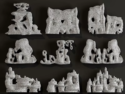 Unique Stone Wood Art Pieces with Intricate Cave Castle and Abstract Designs 3d model