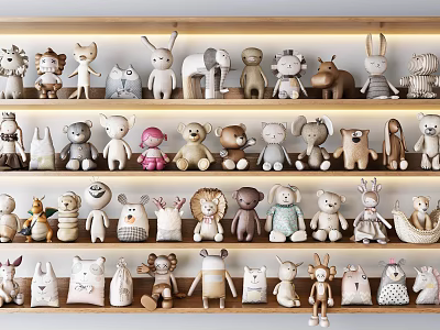 Colorful Plush Stuffed Toys Collection Displayed On Wooden Shelves With Various Animal Designs 3d model